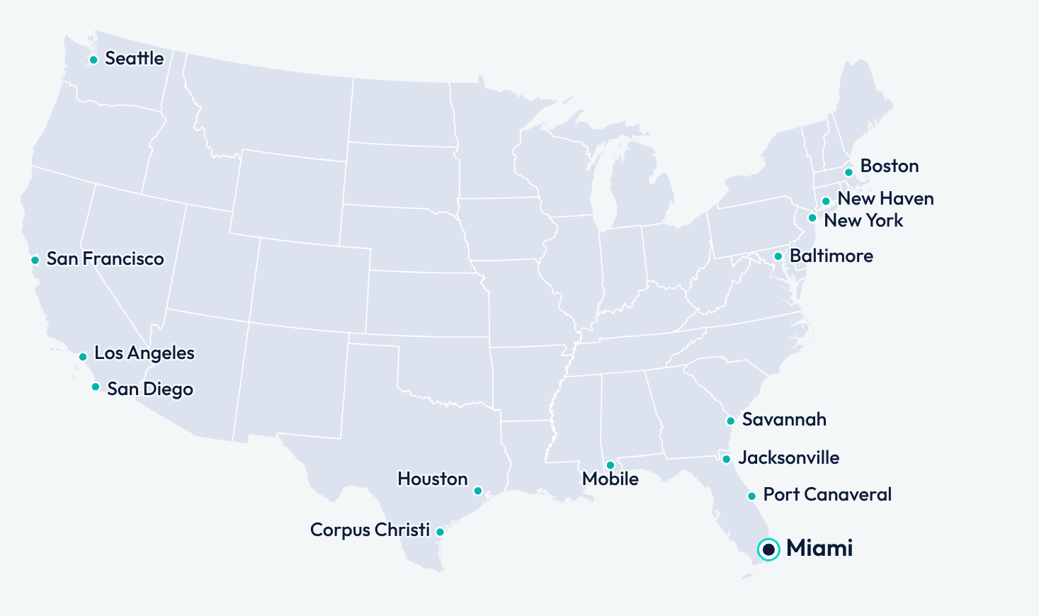 Map of the United States marking DP warehouses near Seattle, San Francisco, Los Angeles, San Diego, Houston, Corpus Christi, Mobile, Miami, Port Canaveral, Jacksonville, Savannah, Baltimore, New York, New Haven, and Boston